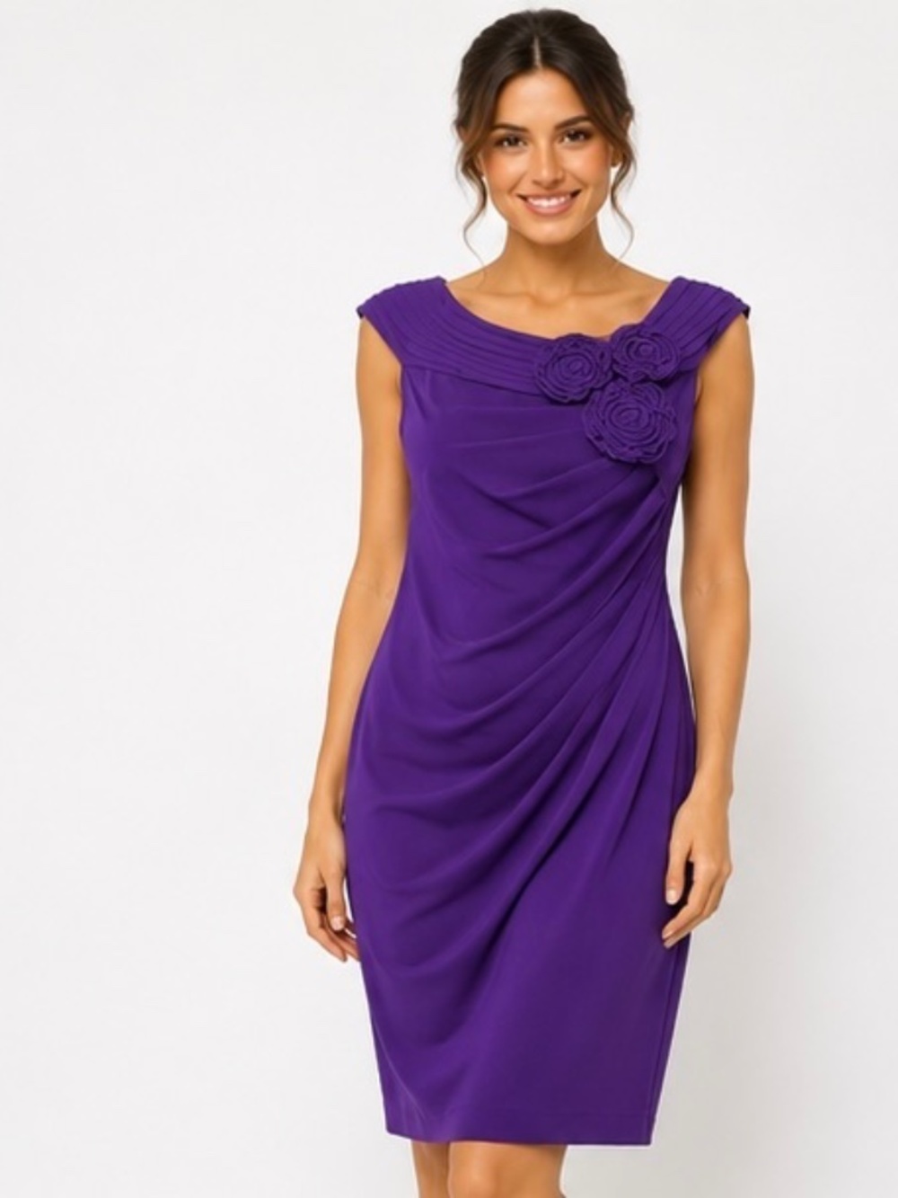 Adrianna Papell Size 6 Purple Draped Cocktail Dress Floral Applique